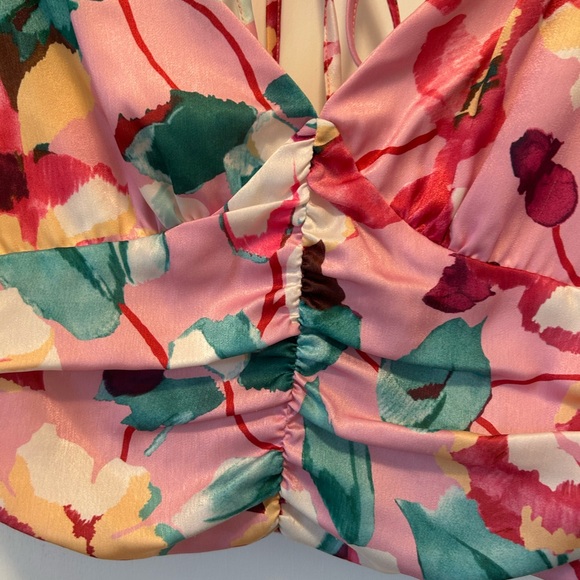 Pink Floral Puff Sleeve Crop Top Tie Back V-Neck Cottagecore Coquette Blouse - Picture 7 of 10